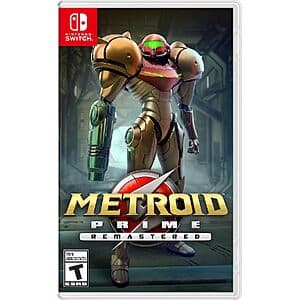 Metroid Prime Remastered video game case for Nintendo Switch with the iconic orange and red Metroid Prime artwork.