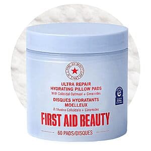 First Aid Beauty Ultra Repair Hydrating Pillow Pads in a 60-count container with white and blue packaging.