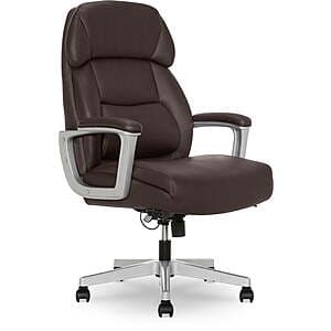 Brown high-back ergonomic office chair with cushioned headrest, premium PureSoft upholstery, and ComfortCoils seat construction.