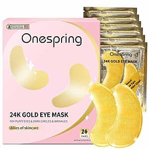 24-pair pack of 24K gold under eye gel patches in clear packaging showing the gold-coloured patches.