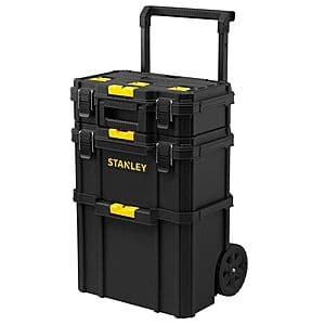 Stanley tool chest with telescopic handle, featuring durable metal latches and rubber-coated wheels for portability.