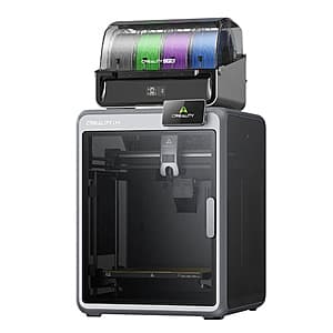 Creality K2 Combo multicolor 3D printer with white and black design, showing the printing chamber and control panel.