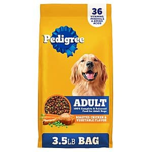 3.5-pound bag of Pedigree Adult Complete Nutrition dry dog food in roasted chicken and vegetable flavor with product branding visible.