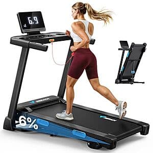 MERACH T12 black foldable treadmill with 42-inch running surface displayed in folded or unfolded position.