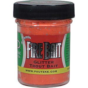 Vibrant 1.5 oz jar of Pautzke Fire Bait dough bait with glitter formula in garlic salmon egg scent for trout fishing.