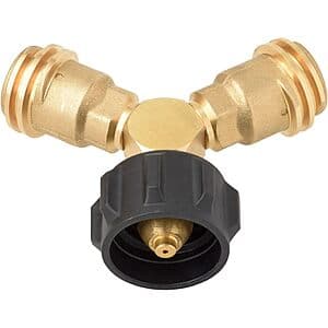 Flame King propane tank Y splitter adapter with dual valves and connection ports.