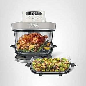 Ninja Crispi Pro glass air fryer with dual borosilicate glass containers in 6-quart and 2.5-quart sizes, featuring nontoxic lids and compact stainless steel design.