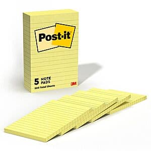 Pack of five 4x6 inch Post-it Notes in iconic canary yellow with ruled lines for writing.