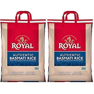 Two 15-pound bags of Authentic Royal Basmati White Rice with branded packaging.