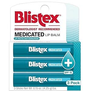 Three-pack of Blistex Medicated Lip Balm SPF 15 in blister packaging.
