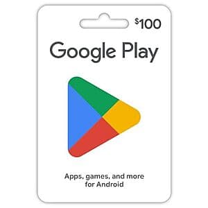 $100 Google Play Gift Card with Google branding and denomination displayed on the card front.