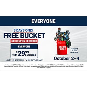 Harbor Freight In-Stores: 5-Gal. Harbor Freight Bucket Free w/ $30 Purchase & More (Valid thru 10/4)