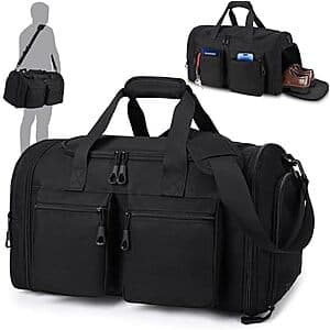 Hilomon 45L expandable gym duffle bag in dark color with multiple compartments, shoe pocket, and padded handles for carrying.