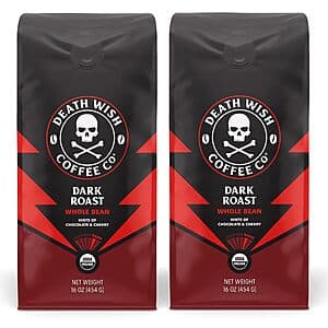 Select Accounts: 2-Pack 16-Oz Death Wish Coffee Dark Roast Whole Bean $15.75 w/ Subscribe & Save
