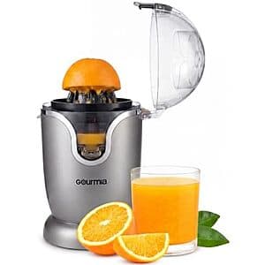 Gourmia 17-ounce automatic citrus juicer with compact white and stainless steel design.