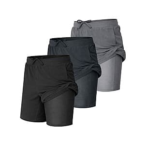 Three pairs of men's 2-in-1 quick-dry active shorts in black with charcoal and grey colorways, displayed flat or folded.