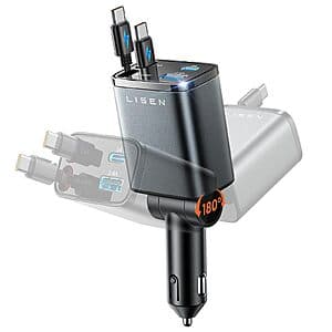 75W LISEN Car Charger w/ 2 Retractable USB-C Cables & 36W PD Port $12