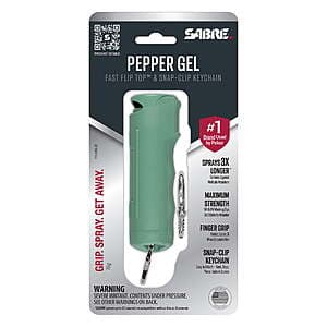 SABRE Fast Flip Top Pepper Gel with Snap-Clip Keychain in Chambray Blue, compact self-defense spray with attached keychain clip.