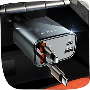 LISEN 69W 4-in-1 Retractable USB-C + Lightning Car Charger $14.95