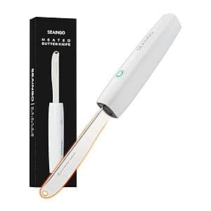 SEAINGO rechargeable electric heated butter knife spreader with dual warming modes and stainless steel blade.