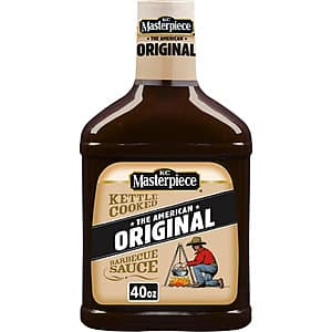 40oz bottle of KC Masterpiece Original Barbecue Sauce with brown sauce label and branding.