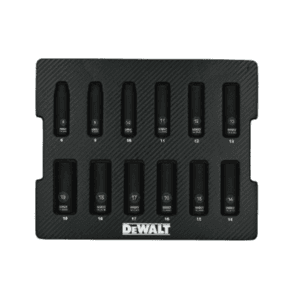 DEWALT DWMT45447 12-piece 3/8 inch metric impact socket set in a plastic storage case with black sockets and metal clips.