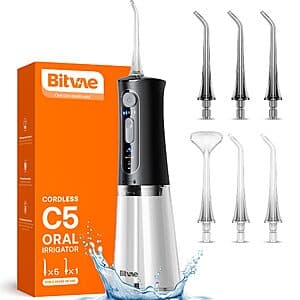 Bitvae C5 Water Dental Flosser Cordless 6 Tips Rechargeable Water Dental Picks for Cleaning $9.90 at Amazon w/ Free Shipping with Prime or Orders $35+