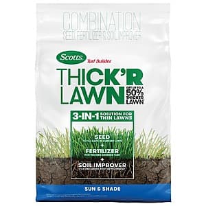 12 lb. bag of Scott's 3-in-1 Lawn Seed, Fertilizer & Soil Improver with product branding and coverage information.