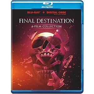 Final Destination 6-Film Collection Blu-ray disc case with skull artwork in orange and red tones, includes digital code.