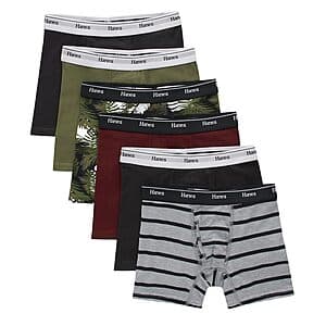 Six-pack of Hanes boys' stretch cotton boxer briefs in black, cargo, and olive colors displayed together.