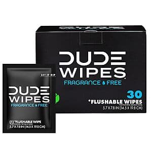 30-Count Dude Wipes Fragrance Free On-The-Go Flushable Personal Wipes $3.10 w/ S&S