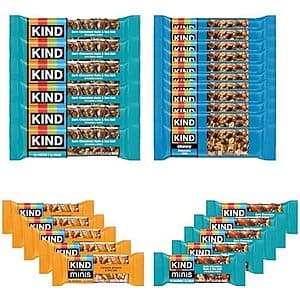 26-count box of KIND bars in assorted flavors including Dark Chocolate Nuts & Sea Salt, Caramel Almond Sea Salt, and Chewy Chocolate Chip varieties.