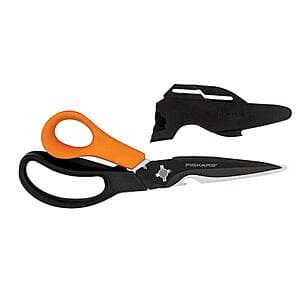 Fiskars 7-in-1 Garden Shears Multi-Tool with titanium-enhanced blades and black sheath, featuring integrated tape cutter and sharpener.