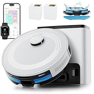 Lefant M2 Plus robot vacuum and mop unit with black design, showing the dustbin and mop attachment, displayed from above.