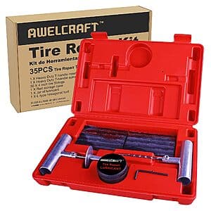 Ao Mei tire plug kit with T-handle tool and storage case containing 35 heavy-duty tire repair pieces in organized compartments.
