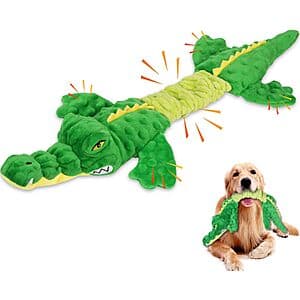 Letsmeet 17-inch plush alligator dog toy with green fabric, built-in squeaker, and tug-of-war design for interactive play.