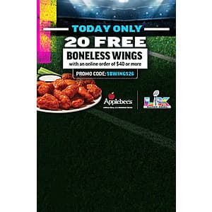 Big Game Day Offers: Applebee's 20 Boneless Wings Free w/ $40+ Order & Many More
