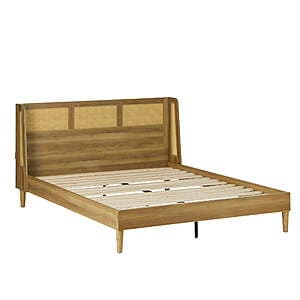 Better Homes & Gardens Springwood Queen Platform Bed in Light Honey with solid rubber wood frame and decorative rattan caning insert in headboard.