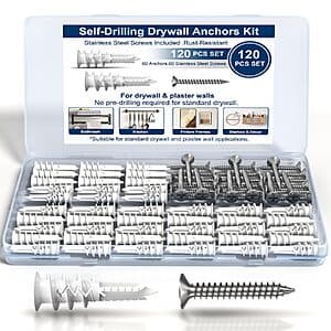 120-Pc Ironkoi #8 Self-Drilling Drywall Anchors and Screws Kit $5