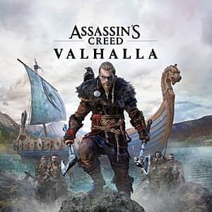 Assassin's Creed Valhalla PC game cover art featuring a Viking warrior in Norse-inspired armor.