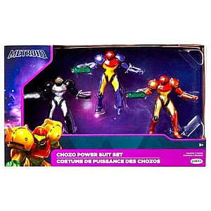 Three 2.5-inch Samus action figures in Varia Suit, Phazon Suit, and Gravity Suit from Metroid Prime.