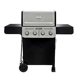 Even Embers 4-burner propane gas grill with black and silver finish, featuring multiple cooking burners and typical outdoor grill design.