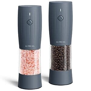 Ultrean USB-C rechargeable salt and pepper grinder set with LED light and black finish, shown with two matching grinder units.