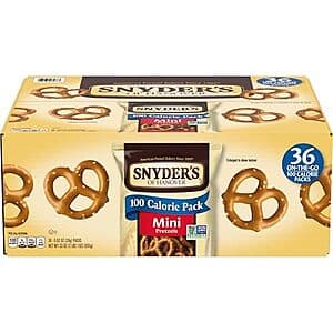 36-pack box of Snyder's of Hanover Mini Pretzels with 0.92-ounce individual 100-calorie serving packages.