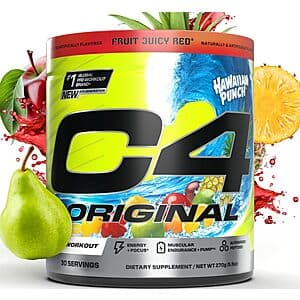 C4 Original Pre-Workout powder container in Hawaiian Punch Fruit Juicy Red flavor, 30 servings.