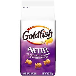 Three 8-ounce boxes of Goldfish Pretzel Crackers with red and white packaging.