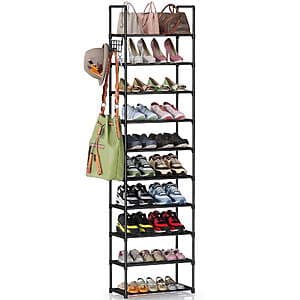 10-Tier Bug Hull Metal Shoe Rack Organizer for 20-24 Pairs w/ Shelves & Hooks $17