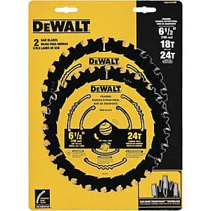 2-Pk DeWALT 6.5" Wood Cutting Circular Saw Blades (18 & 24 Tooth) $18.15
