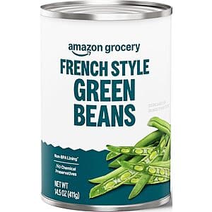 Four 14.5-ounce cans of Amazon Grocery French Style Green Beans with green label and branding.