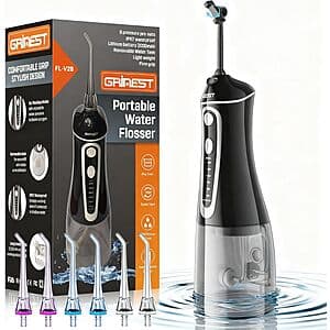 Grinest Rechargeable Cordless Water Dental Flosser w/ 6-Nozzles & U-Shaped Nozzle $8